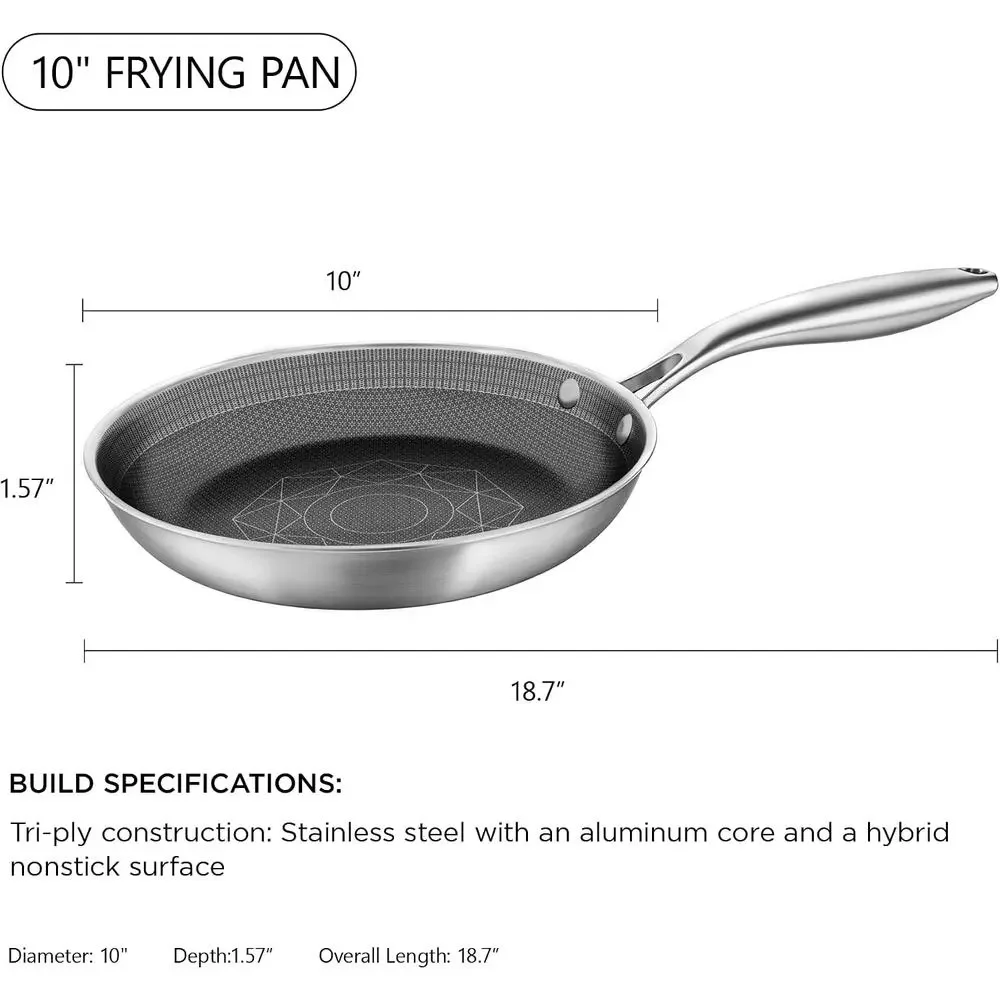 10-Inch Stainless Steel Pan, Hybrid Nonstick Frying Pan – 3-Ply Clad Cookware
